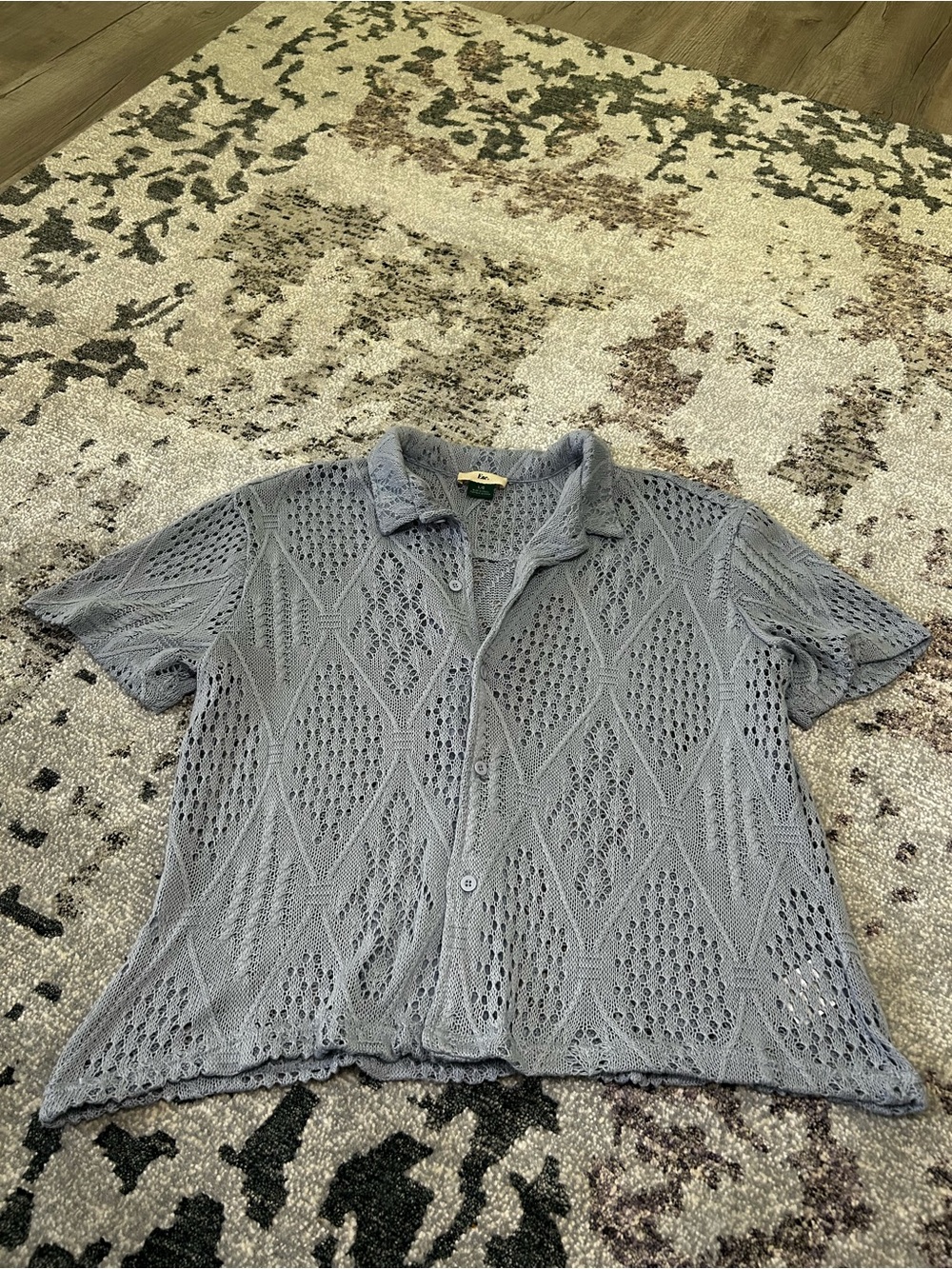 Light Grayish Blue Short-Sleeve Knit Button-Up Top